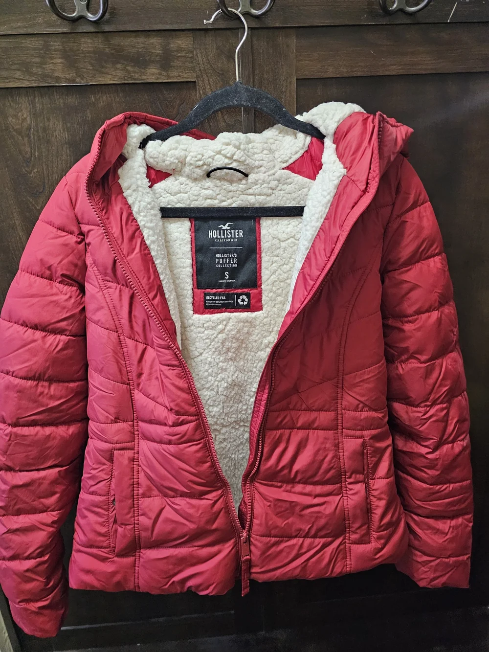 Y2k Hollister Coral-Red Quilted Puffer Jacket with Hood